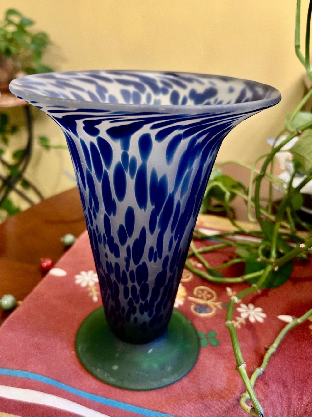 Bohemian vibrant blue splatter flared top and a green footed base vase